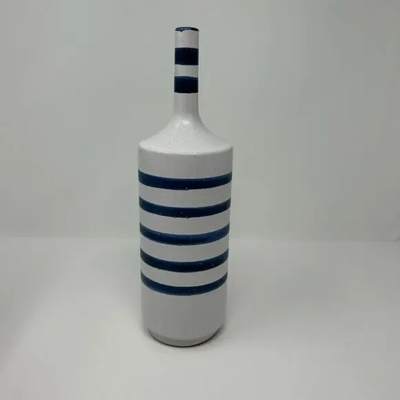 Crate and Barrel Terra Cotta Vase Blue Striped Gray Nautical Decor Hand Painted - Picture 5 of 14